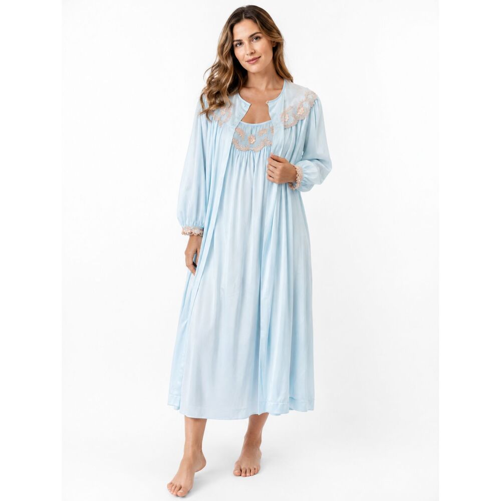 Vintage Pinehurst Blue Peignoir Set w/ Embroidered Lace Trim Med Robe Nightgown